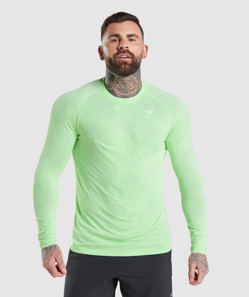 Men\'s Gymshark Geo Seamless Long Sleeve T-Shirts Light Green | CA 873AN6